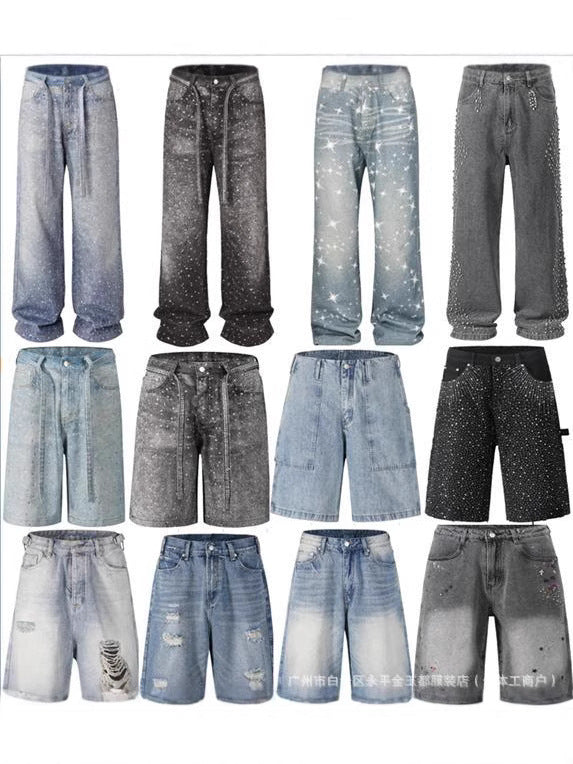 American high street cross-border ins wash diamond jeans, straight leg retro distressed ripped shorts, denim shorts