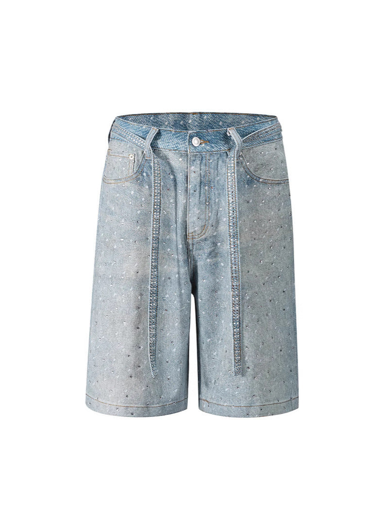 American high street cross-border ins wash diamond jeans, straight leg retro distressed ripped shorts, denim shorts